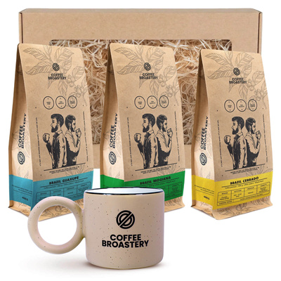 Set cadou Coffee Broastery: 3× cafea braziliană + cană